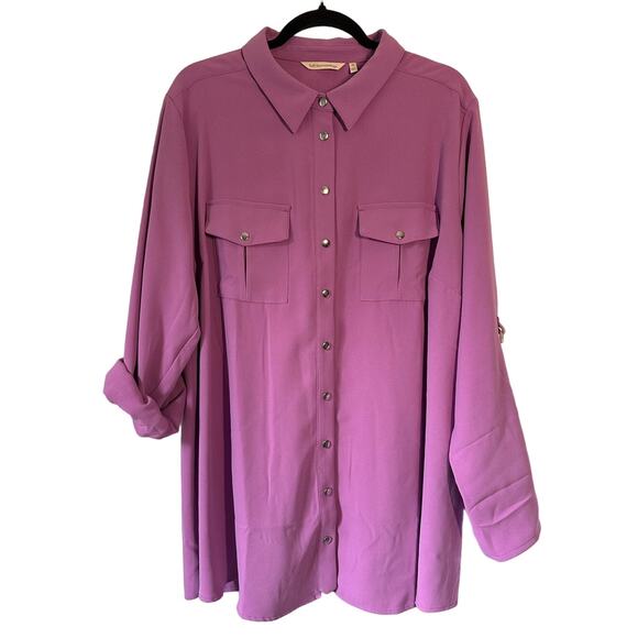 Soft Surroundings Tops - Soft Surroundings Plus Size 2X Lilac Top Silver Snap Up Blouse Roll Tab Sleeve